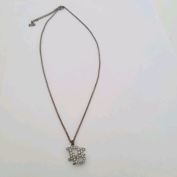 Authentic Christian Dior Logo Pedant Necklace Rhinestone Silver 18" - Picture 1 of 6